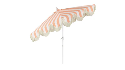 White and Coral Cabana Striped Patio Umbrella- 9 ft. with base
