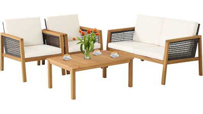 Acacia and Wicker Outdoor Loveseat